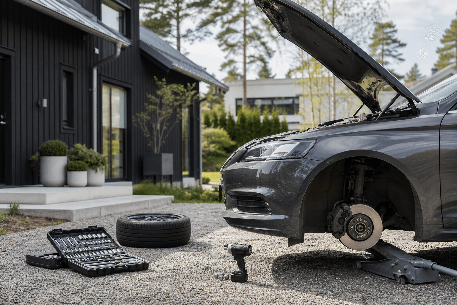 Mobile car service at the customer's driveway with professional equipment